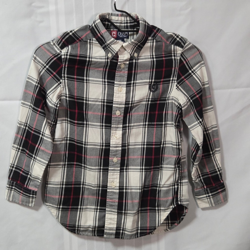 Chaps Button Down Shirt Boys S(8) Black White Red Plaid Easy Care 333512987